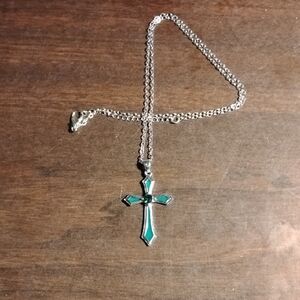 Chic Silver Necklace with Teal Cross Pendant